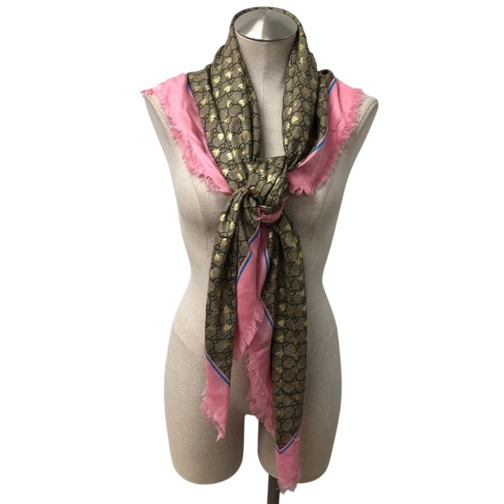 Gucci GG Scarf Bees Modal Silk Shawl Pink Brown Fringed Square